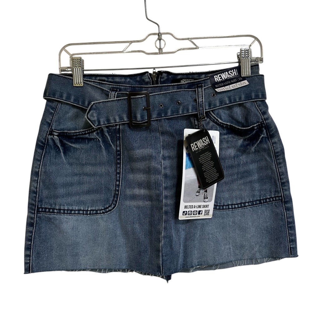 Rewash Denim Skirt Belted A-Line Mini‎ Skirt Raw Hem Vintage Reunion 3/26